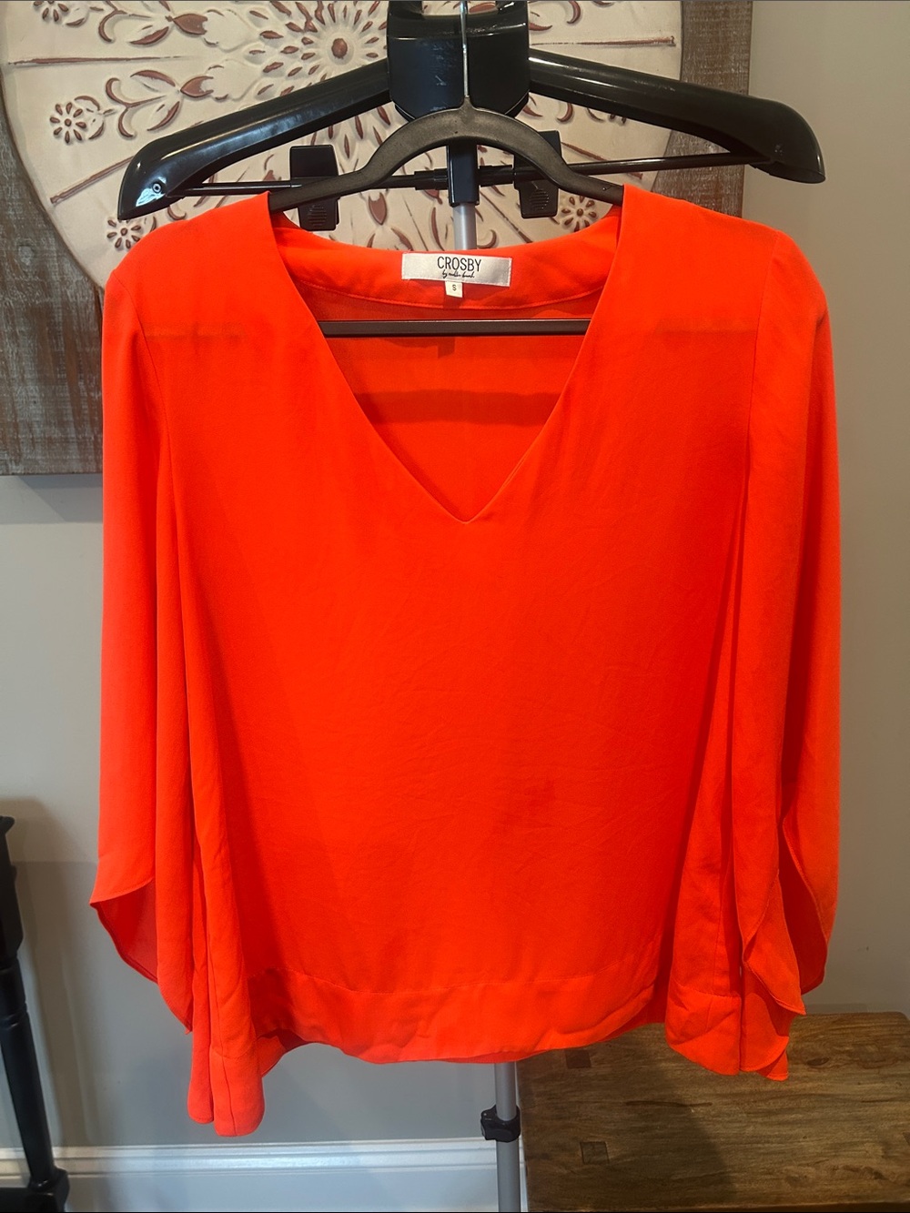 crosby. Vibrant Orange V-Neck Draped Sleeve Blouse
